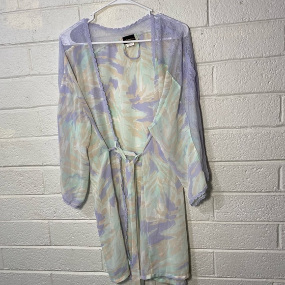 Pretty Sheer Robe Wrap Pajama Loungewear Mesh Floral Purple Green Lingerie Tie M - Picture 3 of 6